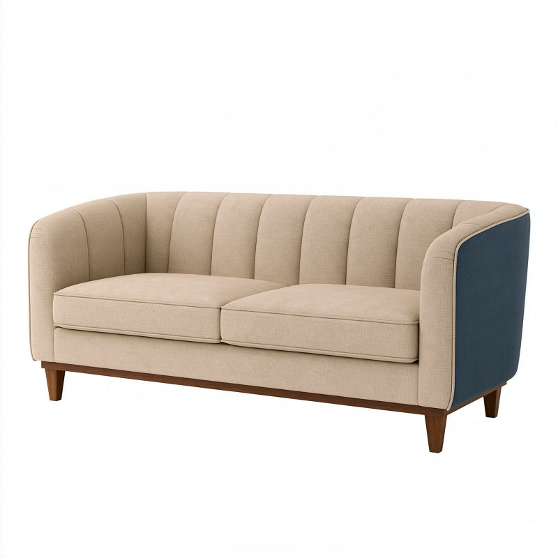 Divano 2 posti 160 x 78 x 82 cm in tessuto beige e blu con gambe in legno stile moderno