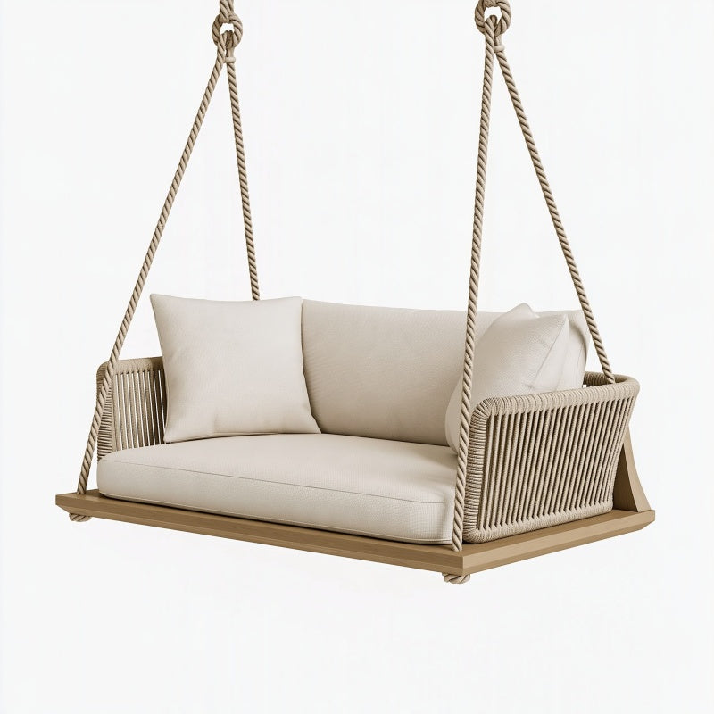 Dondolo sospeso 140 x 70 x 190 cm in legno e corda beige da esterno