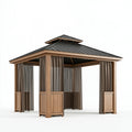 Gazebo da giardino 300 x 300 cm in legno marrone con tetto metallico e tende