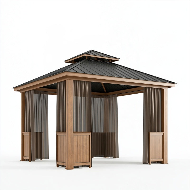 Gazebo da giardino 300 x 300 cm in legno marrone con tetto metallico e tende