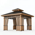 Gazebo da giardino 300 x 300 x 320 cm in legno con tetto metallico nero e tende laterali