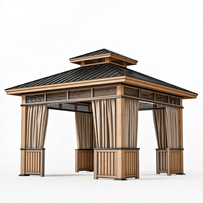 Gazebo da giardino 300 x 300 x 320 cm in legno con tetto metallico nero e tende laterali