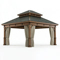 Gazebo da giardino 300 x 300 cm in legno marrone con tende e tetto in metallo stile classico