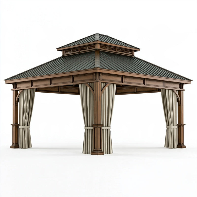 Gazebo da giardino 300 x 300 cm in legno marrone con tende e tetto in metallo stile classico