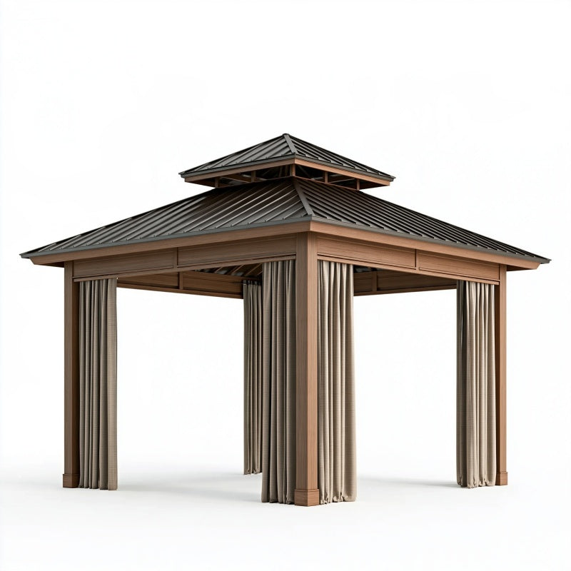 Gazebo da giardino 300 x 300 cm in metallo marrone con tende beige e tetto doppio