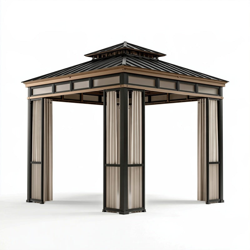 Gazebo da giardino 300 x 300 x 300 cm in metallo nero e beige con tende laterali
