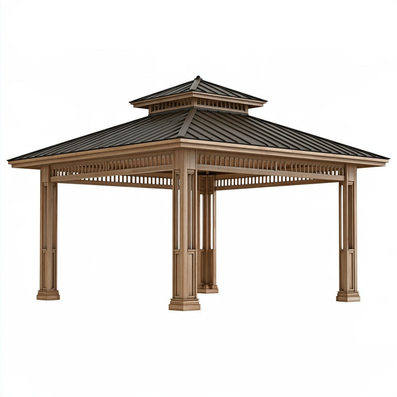 Gazebo da giardino 400 x 400 x 330 cm in legno marrone con tetto in metallo nero - stile classico