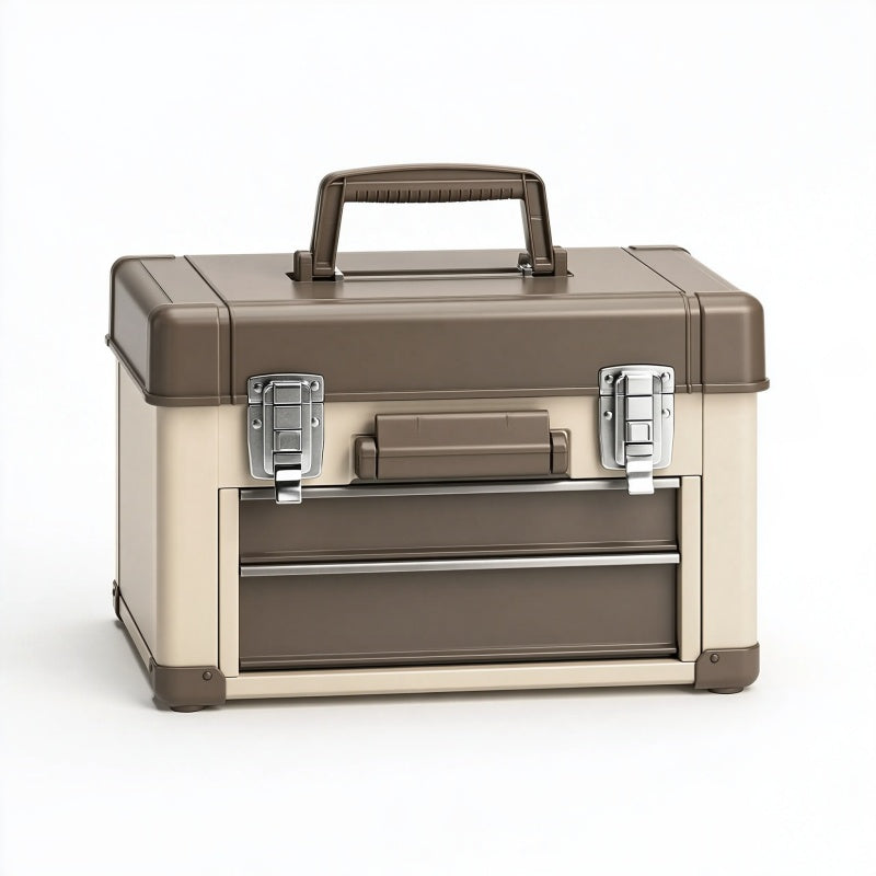 Cassetta portautensili 50 x 25 x 30 cm in plastica beige e marrone con chiusure metalliche e vano frontale