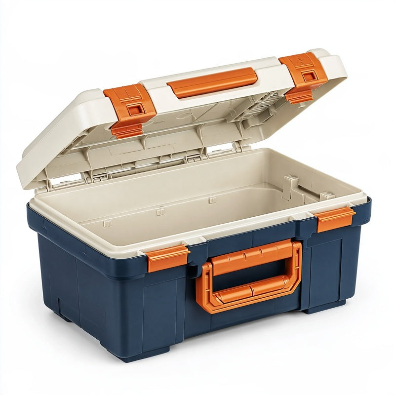 Cassetta porta attrezzi 50 x 30 x 25 cm in plastica blu/arancione con maniglia e chiusure