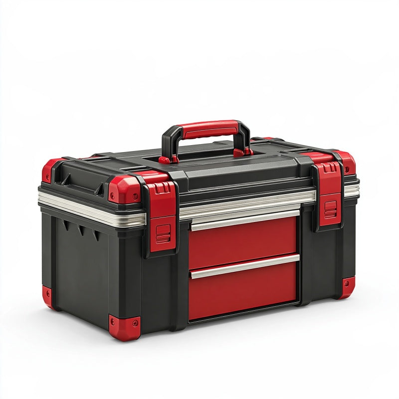 Cassetta portautensili 58 x 30 x 32 cm in plastica nera e rossa con cassetti e maniglia