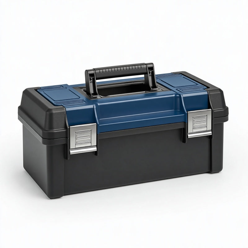 Cassetta portautensili 48 x 25 x 23 cm in plastica blu e nera con maniglia e chiusure