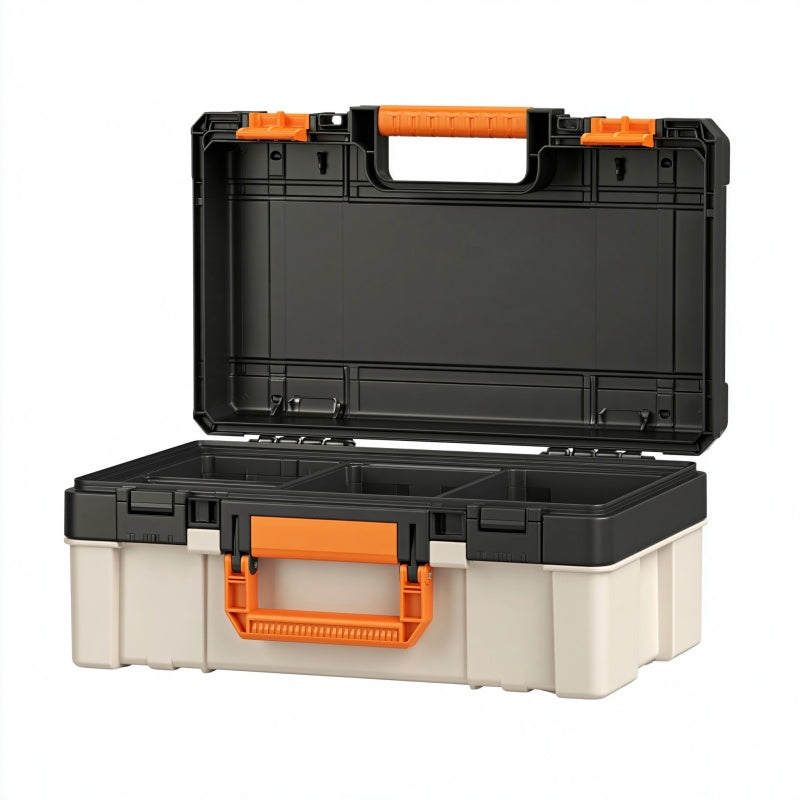 Cassetta portautensili 50 x 25 x 25 cm in plastica nero/arancione con scomparti e maniglia