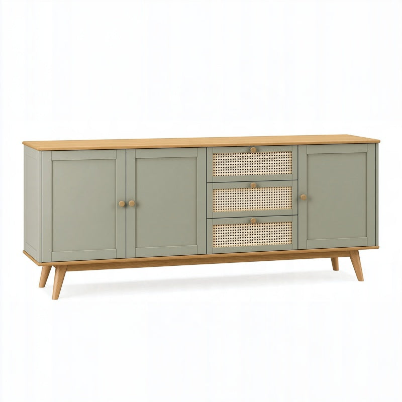 Credenza 160 x 40 x 75 cm in legno verde salvia con cassetti intrecciati stile nordico